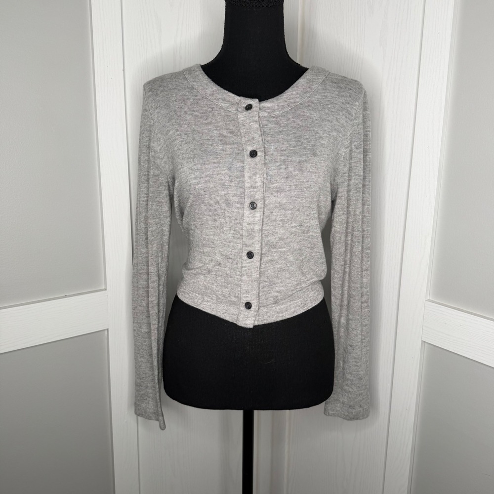 Of Mercer Cardigan Sweater Women Small Gray Button Front Cropped Stretch Knit